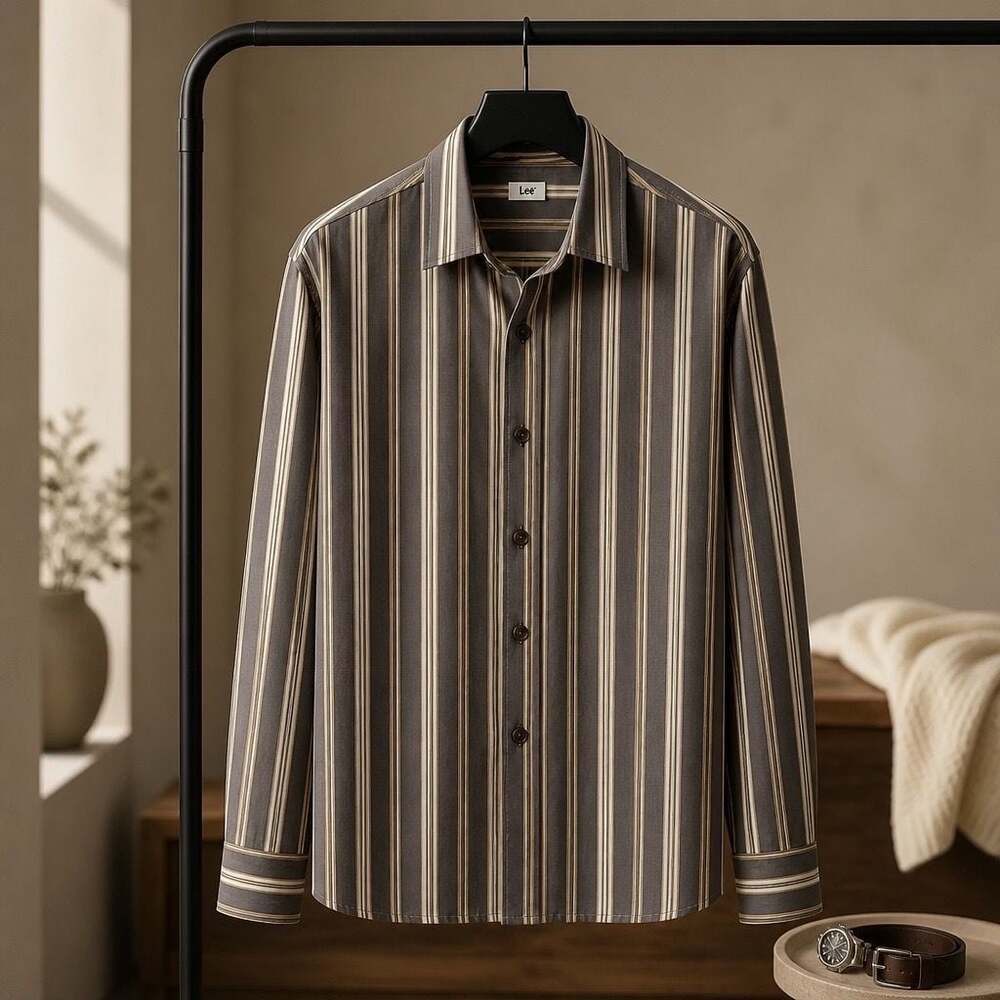 Lee Men's Long Sleeve Button-Up Shirt in Brown and Tan Stripes Size 3X #1307